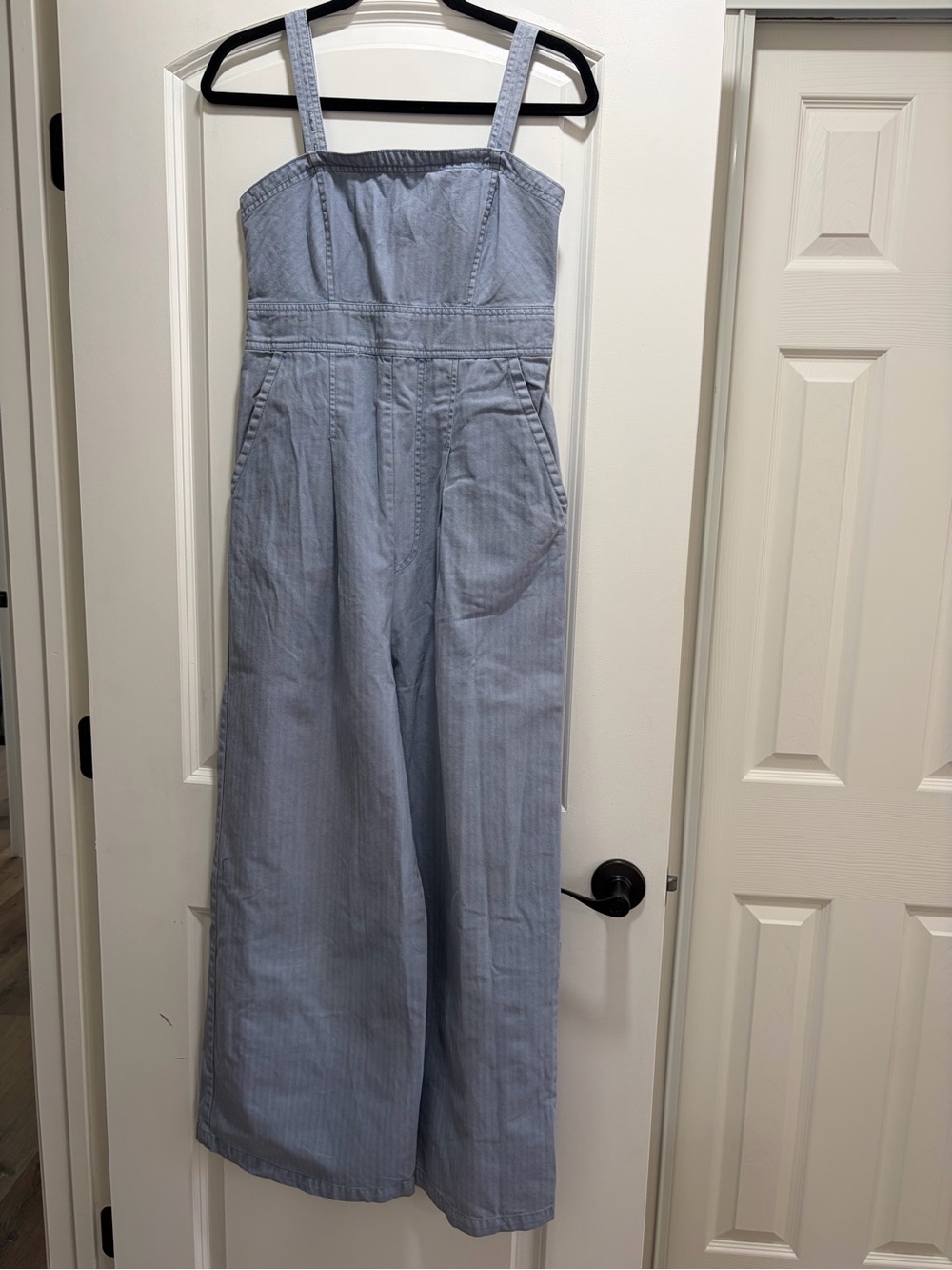Free People Charlie Utility Wide Leg Jumpsuit Pinstripe Blue Cami size S